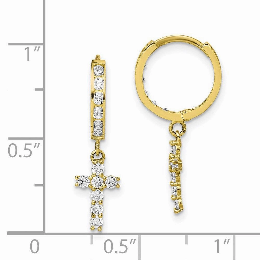 10K CZ Cross Hinged Hoop Earrings