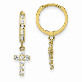 10K CZ Cross Hinged Hoop Earrings