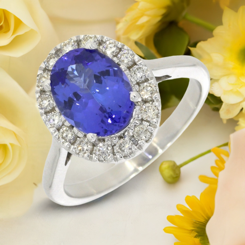 14ct White Gold 1.87cts Tanzanite and 0.35cts Diamond Cluster Ring