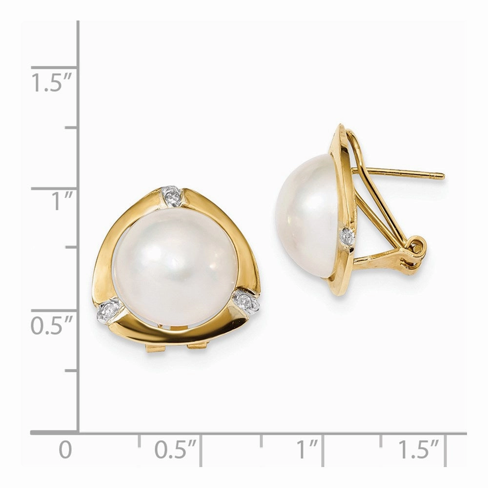 14k 12-13mm White Saltwater Mabe Pearl .06ct Diamond Omega Back Earrings