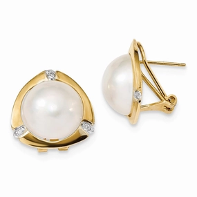 14k 12-13mm White Saltwater Mabe Pearl .06ct Diamond Omega Back Earrings