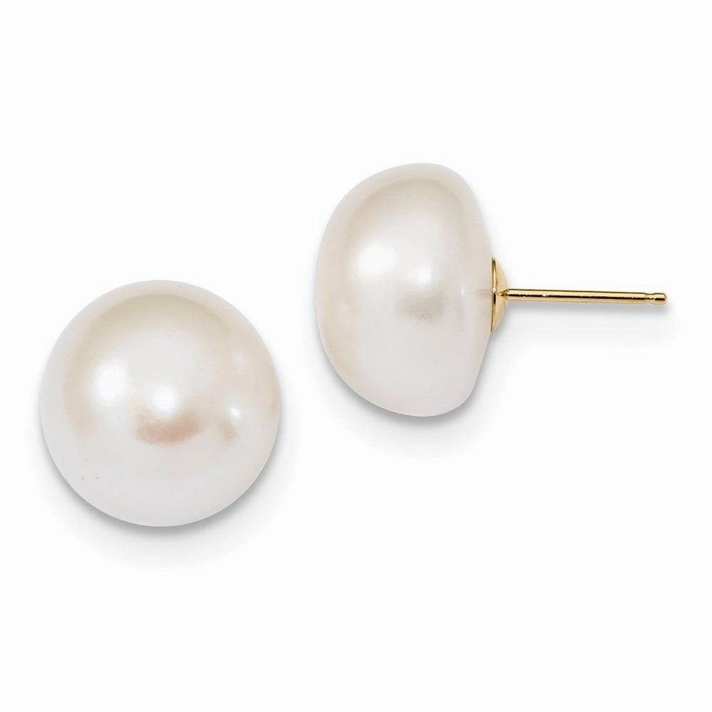 14k 13-14mm White Button Freshwater Cultured Pearl Post Earrings