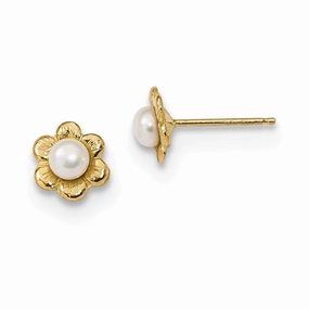 14k 3-4mm White Button Freshwater Cultured Pearl Post Earrings