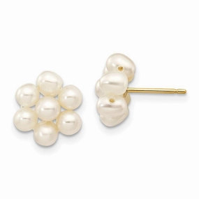 14k 3-4mm White Egg Freshwater Cultured Pearl Flower Earrings