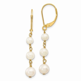14k 4-6mm White Semi-round FW Cultured Pearl Gaduated Leverback Earrings