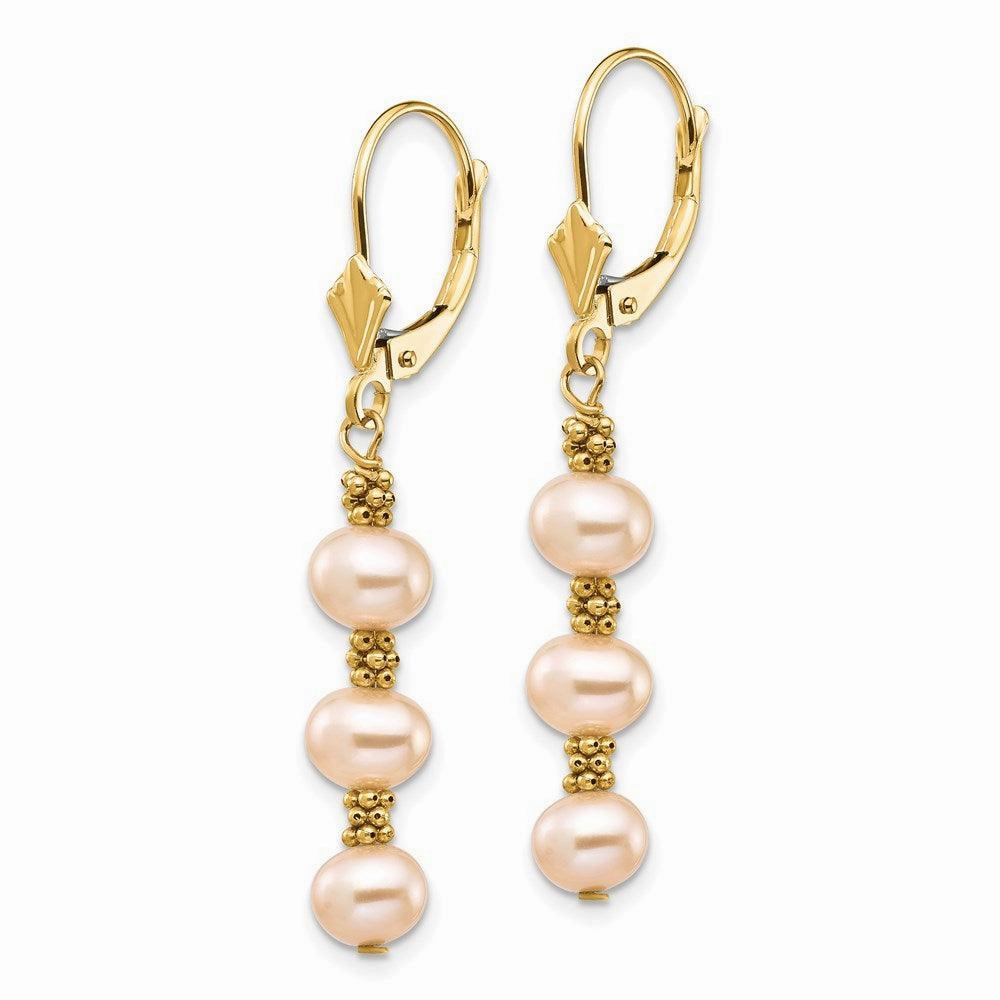 14K 5-6mm Pink Semi-round Freshwater Culutured Pearl Leverback Earrings