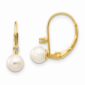 14K 5-6mm Round FW Cultured Pearl .02 ct. Diamond Leverback Earrings