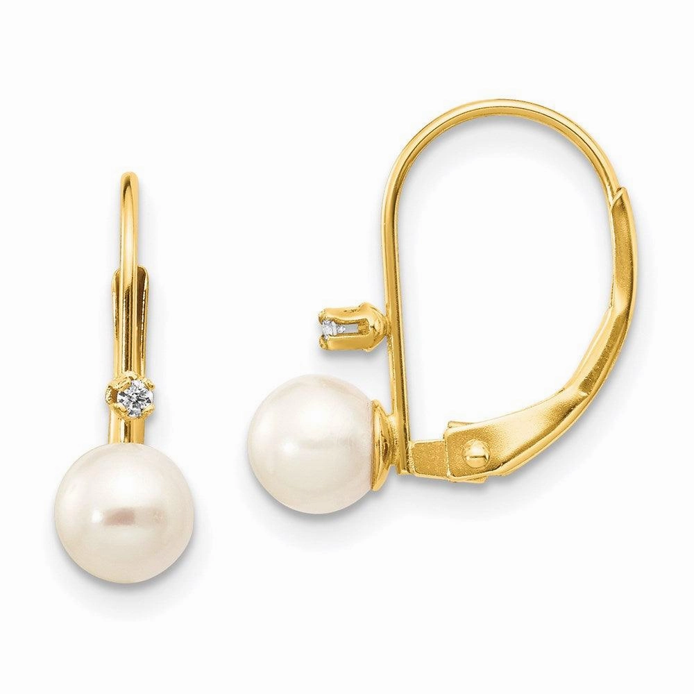 14K 5-6mm Round FW Cultured Pearl .02 ct. Diamond Leverback Earrings