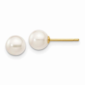 14k 5-6mm Round White Saltwater Akoya Cultured Pearl Stud Post Earrings