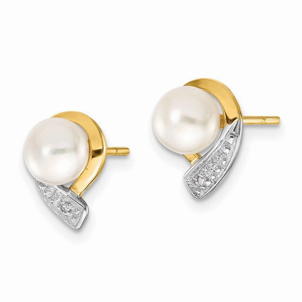 14K 5-6mm White Button FW Cultured Pearl .01ct Diamond Post Earrings