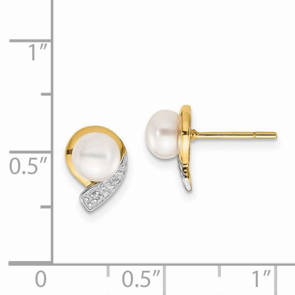 14K 5-6mm White Button FW Cultured Pearl .01ct Diamond Post Earrings