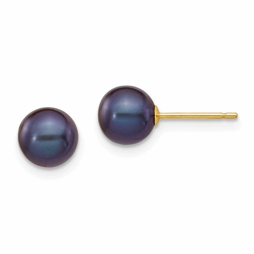 14k 6-7mm Black Round Freshwater Cultured Pearl Stud Post Earrings