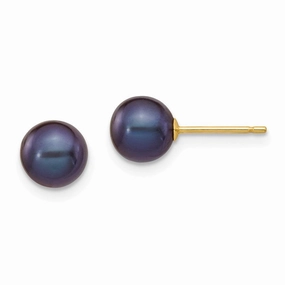 14k 6-7mm Black Round Freshwater Cultured Pearl Stud Post Earrings