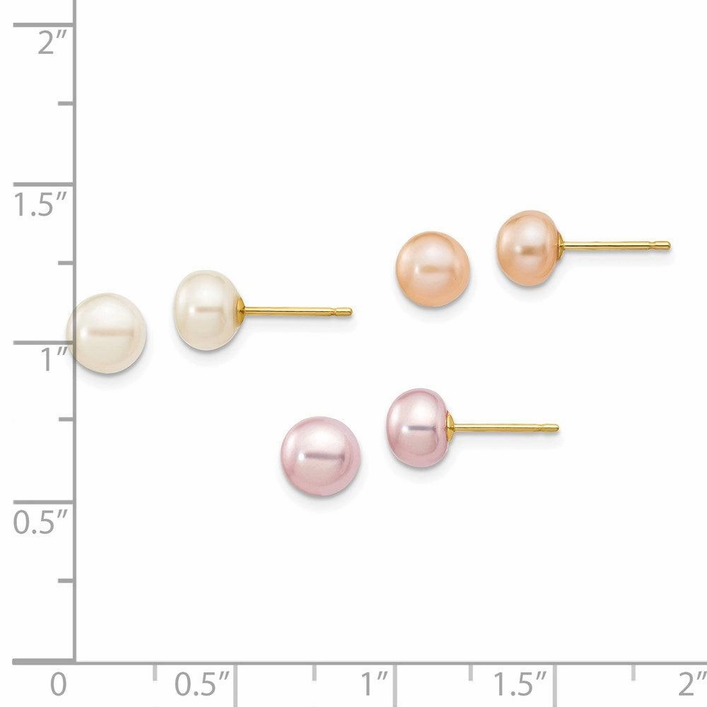 14k 6-7mm Button Freshwater Cultured Pearl Boxed 3 pair Post Earrings Set
