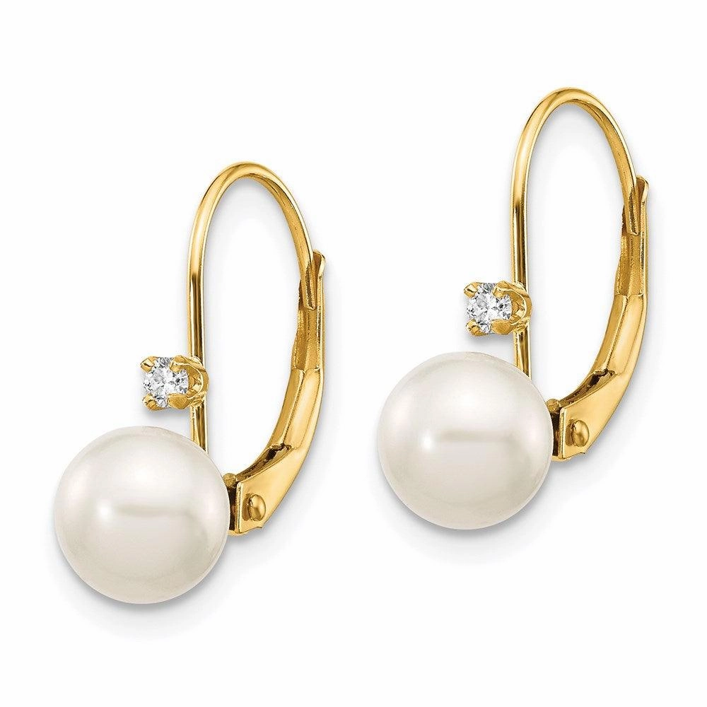 14K 6-7mm Round FW Cultured Pearl .06ct. Diamond Leverback Earrings