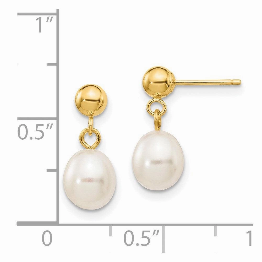 14k 6-7mm White Rice Freshwater Cultured Pearl Dangle Post Earrings