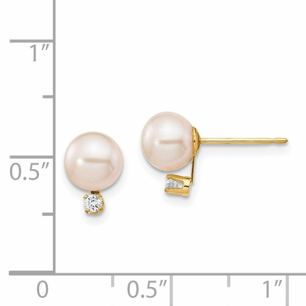 14k 6-7mm White Round Freshwater Cultured Pearl .06ct Diamond Post Earrings