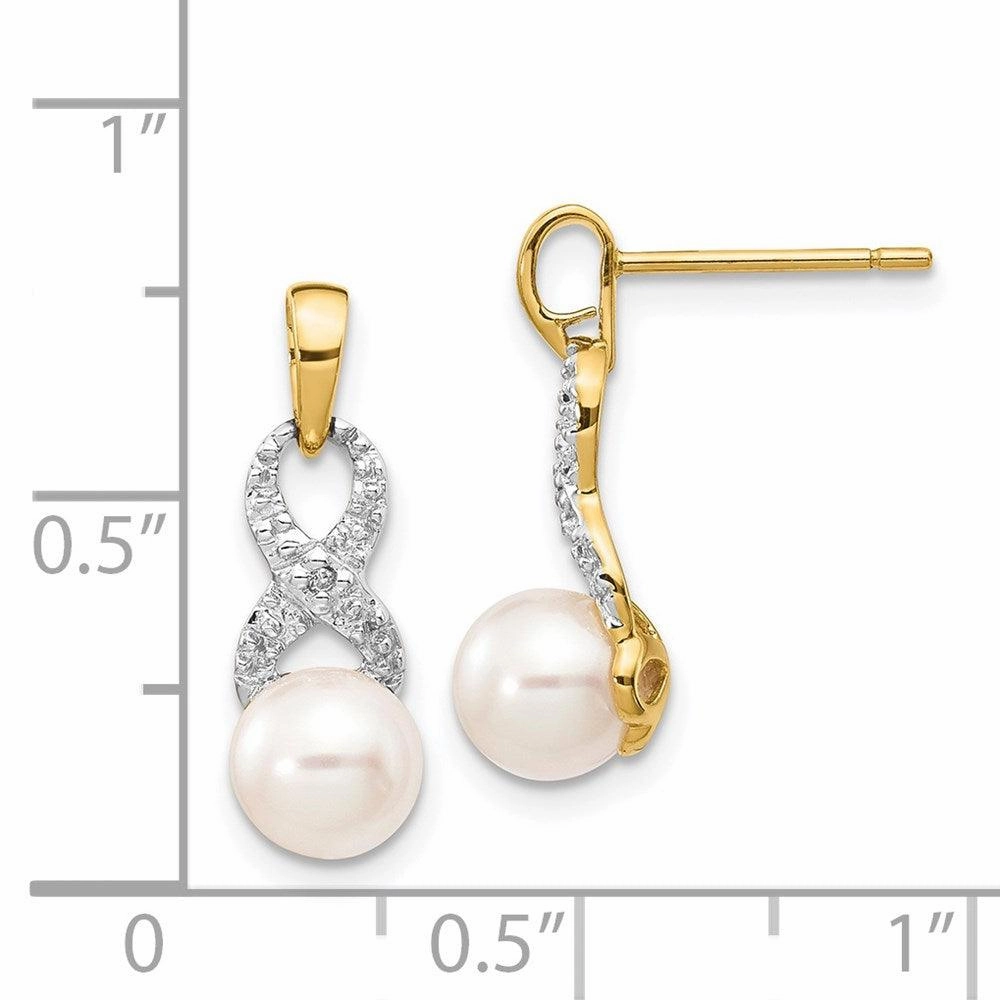 14k 6-7mm White Round FW Cultured Pearl .01 Diamond Dangle Earrings