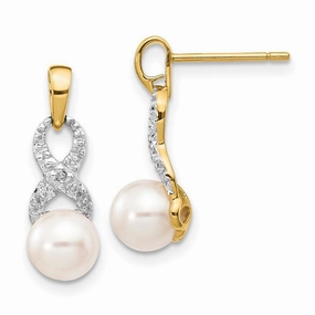14k 6-7mm White Round FW Cultured Pearl .01 Diamond Dangle Earrings