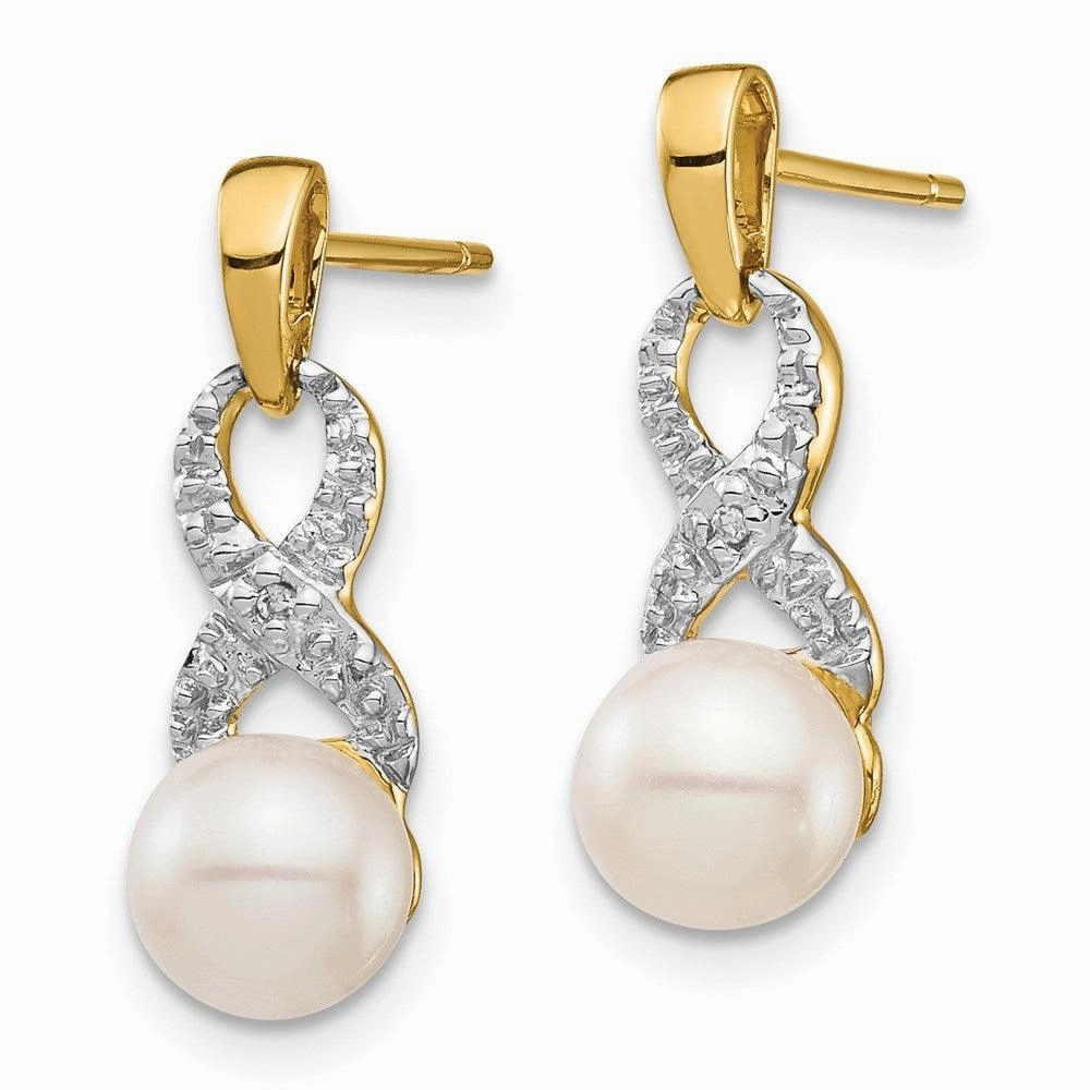 14k 6-7mm White Round FW Cultured Pearl .01 Diamond Dangle Earrings