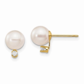14k 6-7mm White Round Saltwater Akoya Cultured Pearl Diamond Post Earrings