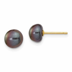 14k 7-8mm Black Button FW Cultured Pearl Stud Post Earrings