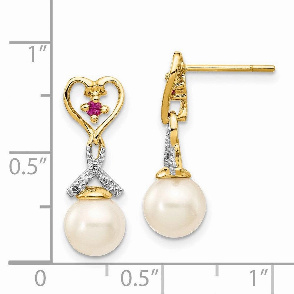 14k 7-8mm FWC Pearl Created Ruby Diamond Heart Dangle Earrings