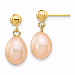 14k 7-8mm Pink Rice Freshwater Cultured Pearl Dangle Post Earrings