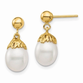 14K 7-8mm White Rice Freshwater Cultured Pearl Dangle Post Earrings