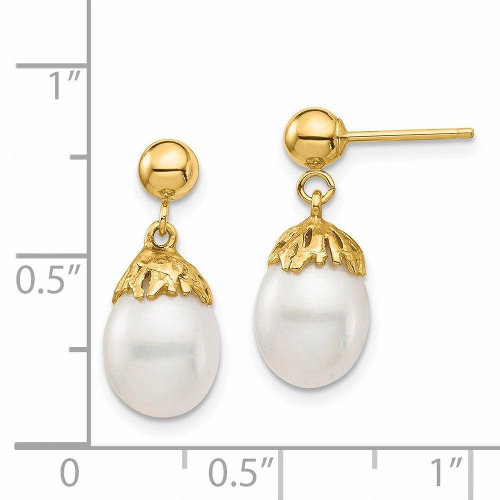 14K 7-8mm White Rice Freshwater Cultured Pearl Dangle Post Earrings