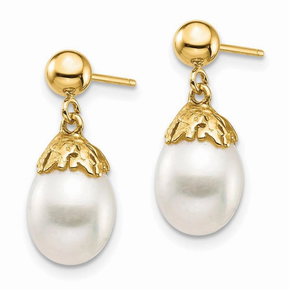 14K 7-8mm White Rice Freshwater Cultured Pearl Dangle Post Earrings