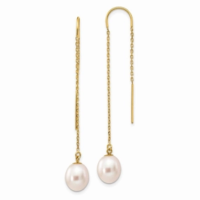 14k 7-8mm White Rice Freshwater Cultured Pearl Dangle Threader Earrings