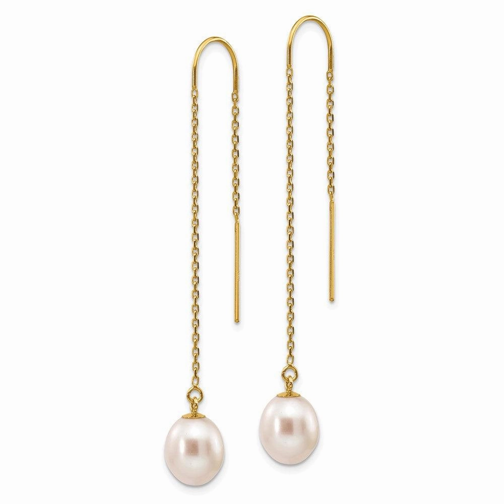 14k 7-8mm White Rice Freshwater Cultured Pearl Dangle Threader Earrings