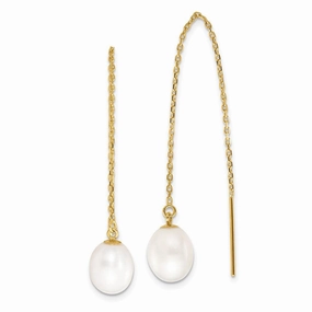 14k 7-8mm White Rice FW Cultured Pearl Cable Chain Threader Earrings