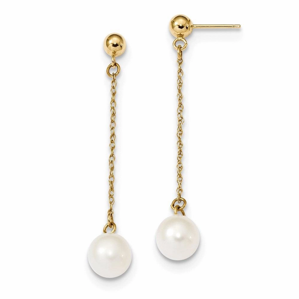 14k 7-8mm White Round Freshwater Cultured Pearl Dangle Post Earrings