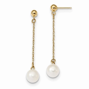 14k 7-8mm White Round Freshwater Cultured Pearl Dangle Post Earrings