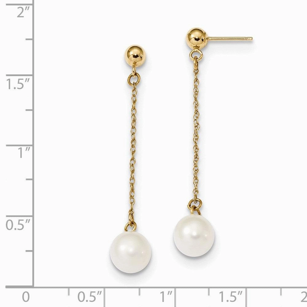 14k 7-8mm White Round Freshwater Cultured Pearl Dangle Post Earrings