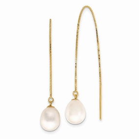 14k 7-8mm White Teardrop FW Cultured Pearl Box Chain Threader Earrings