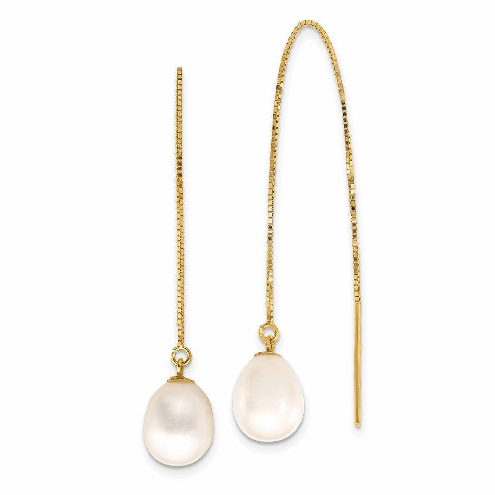 14k 7-8mm White Teardrop FW Cultured Pearl Box Chain Threader Earrings
