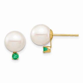 14K 8-8.5mm White Round Freshwater Cultured Pearl Emerald Post Earrings