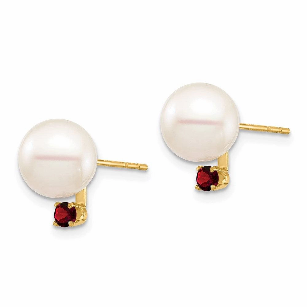 14K 8-8.5mm White Round Freshwater Cultured Pearl Garnet Post Earrings