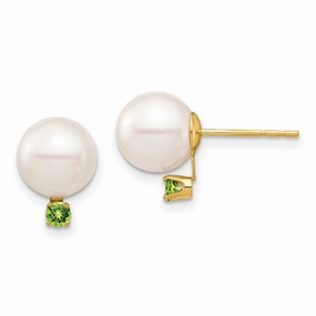 14K 8-8.5mm White Round Freshwater Cultured Pearl Peridot Post Earrings