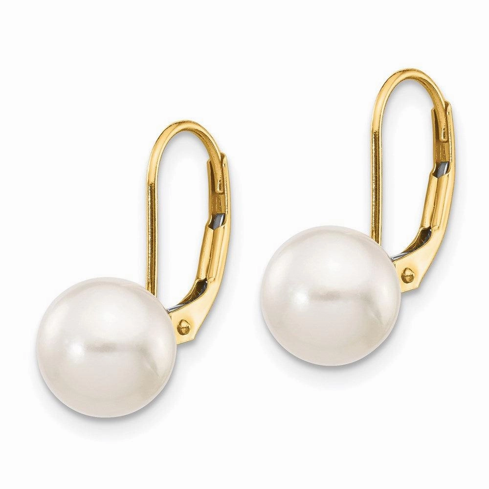 14k 8-9mm White Round Saltwater Akoya Cultured Pearl Leverback Earrings