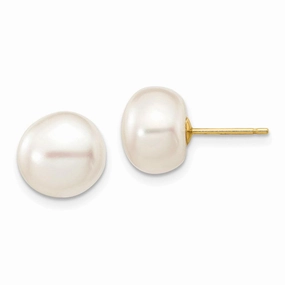 14k 9-10mm White Button Freshwater Cultured Pearl Stud Post Earrings