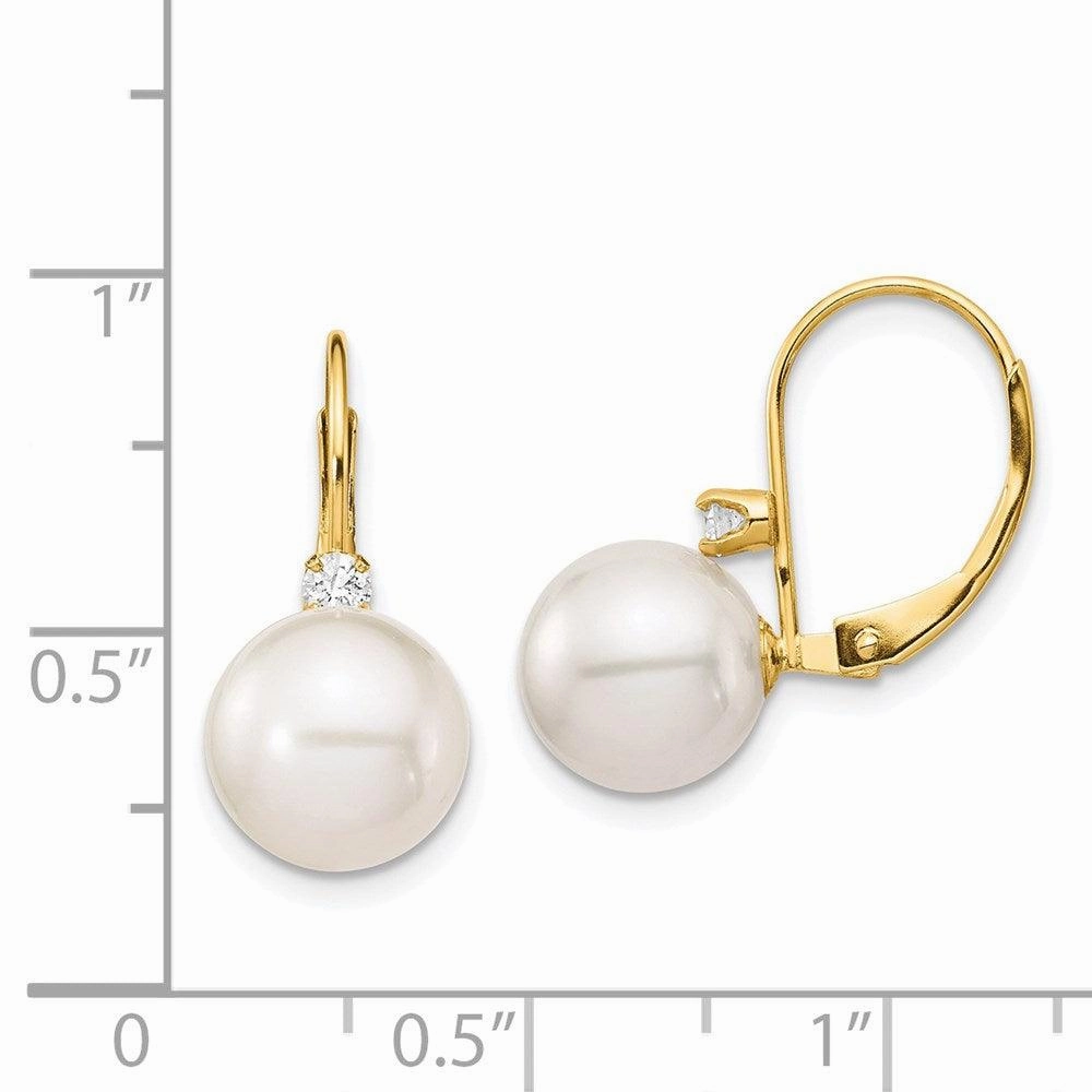 14K 9-9.5mm White Round FWC Pearl .10ct Diamond Leverback Earrings