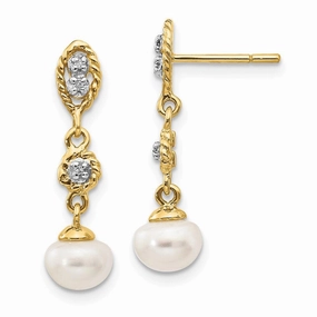 14k & Rhodium 6-7mm Semi-round FWC Pearl .02ct Diamond Dangle Earrings