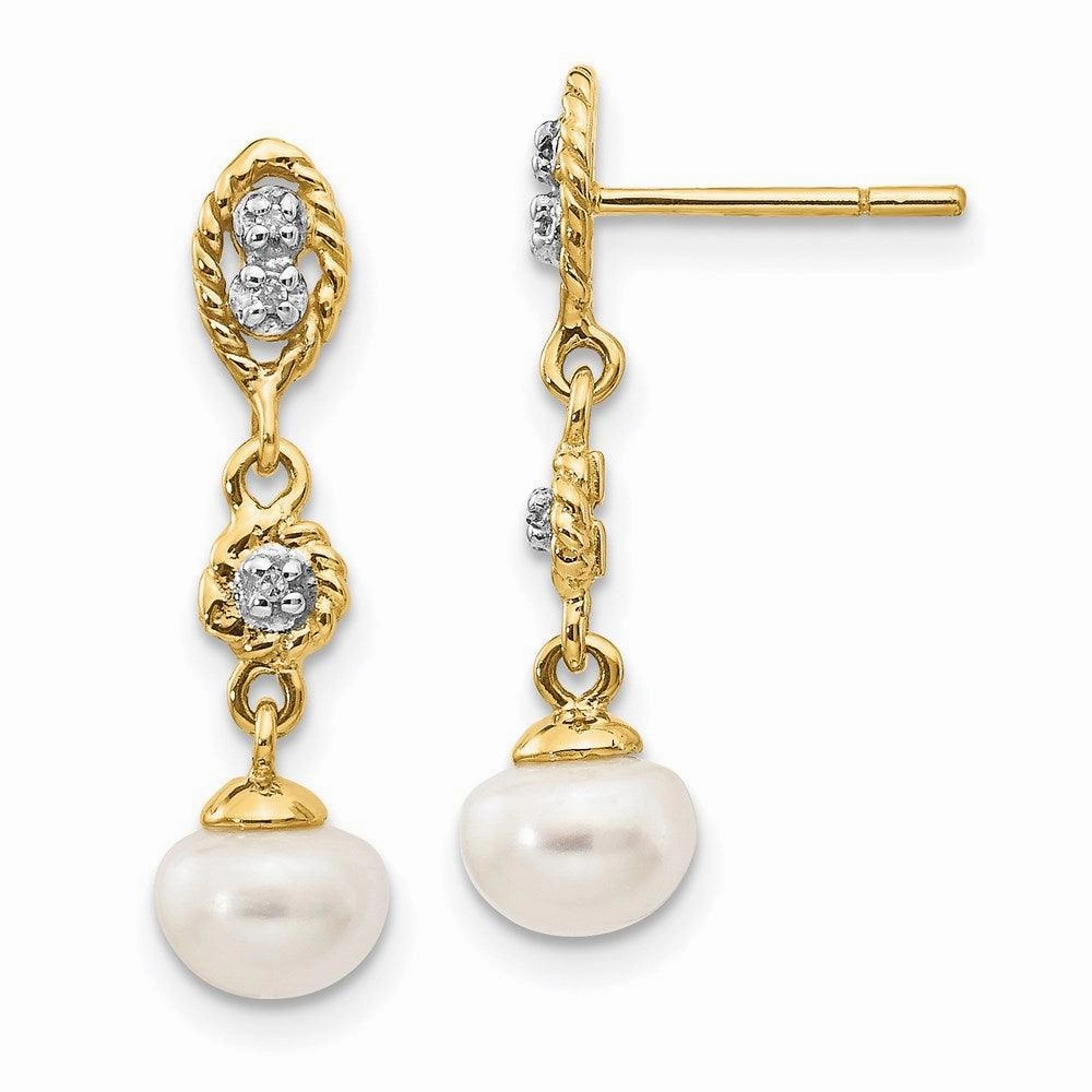 14k & Rhodium 6-7mm Semi-round FWC Pearl .02ct Diamond Dangle Earrings