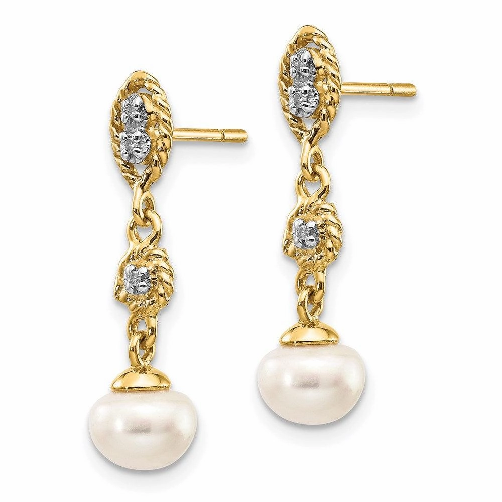 14k & Rhodium 6-7mm Semi-round FWC Pearl .02ct Diamond Dangle Earrings