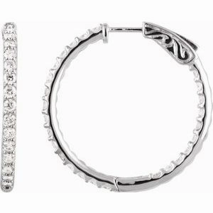 14K White 1/4 CTW Natural Diamond Inside-Outside 14.5 mm Hinged Hoop Earrings