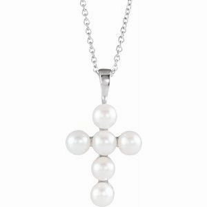 14K White Cultured White Freshwater Pearl Cross 16-18" Necklace